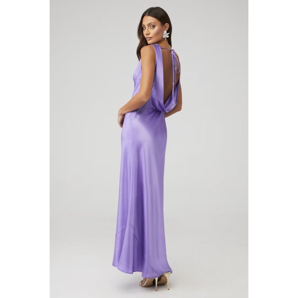 HANSEN & GRETEL Emmery Dress Lavender Sz M Maxi Cowl Neck Low Back Bias Cocktail